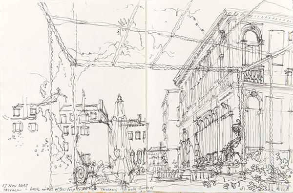 This drawing shows the view of Venice from Amy and Tom Worthen’s palazzo, including the terrace’s umbrella and pergola (in the foreground). To see a panoramic photo of the same view, turn to page 140. Sketch by Amy Worthen. 
