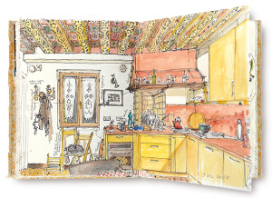 Restored painted beams and white maple cabinetry make for an inviting kitchen. Sketch by Amy Worthen.