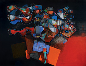 Powerful colors and tangled  forms convey the intensity of al-Obaidi’s work.