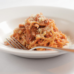 Amatriciana is prepared with sharp attention to each component of the classic dish, from the guanciale to the homemade pasta and light sauce.