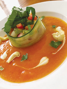 Papaya soup with Mexican fruit salad cups make for a fresh, creative addition to your menu. In addition to papaya, the soup includes frozen banana, coconut water, lemon juice and agave, toped with dollops of cashew cream. The fruit cup features thin strips of cucumber formed into a ring; a toasted cumin seed and fruit salsa; and a sprinkling of raw cashews and snipped cilantro.